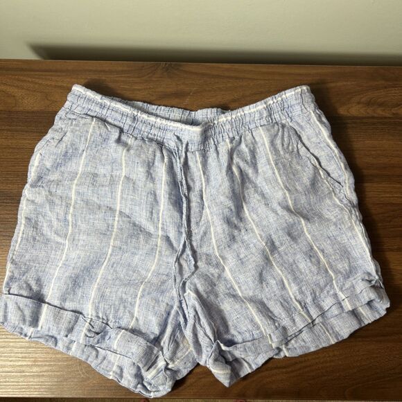 Ellen Tracy Old Money Coastal Women 100% Linen Shorts Size M Blue Striped - Picture 1 of 5